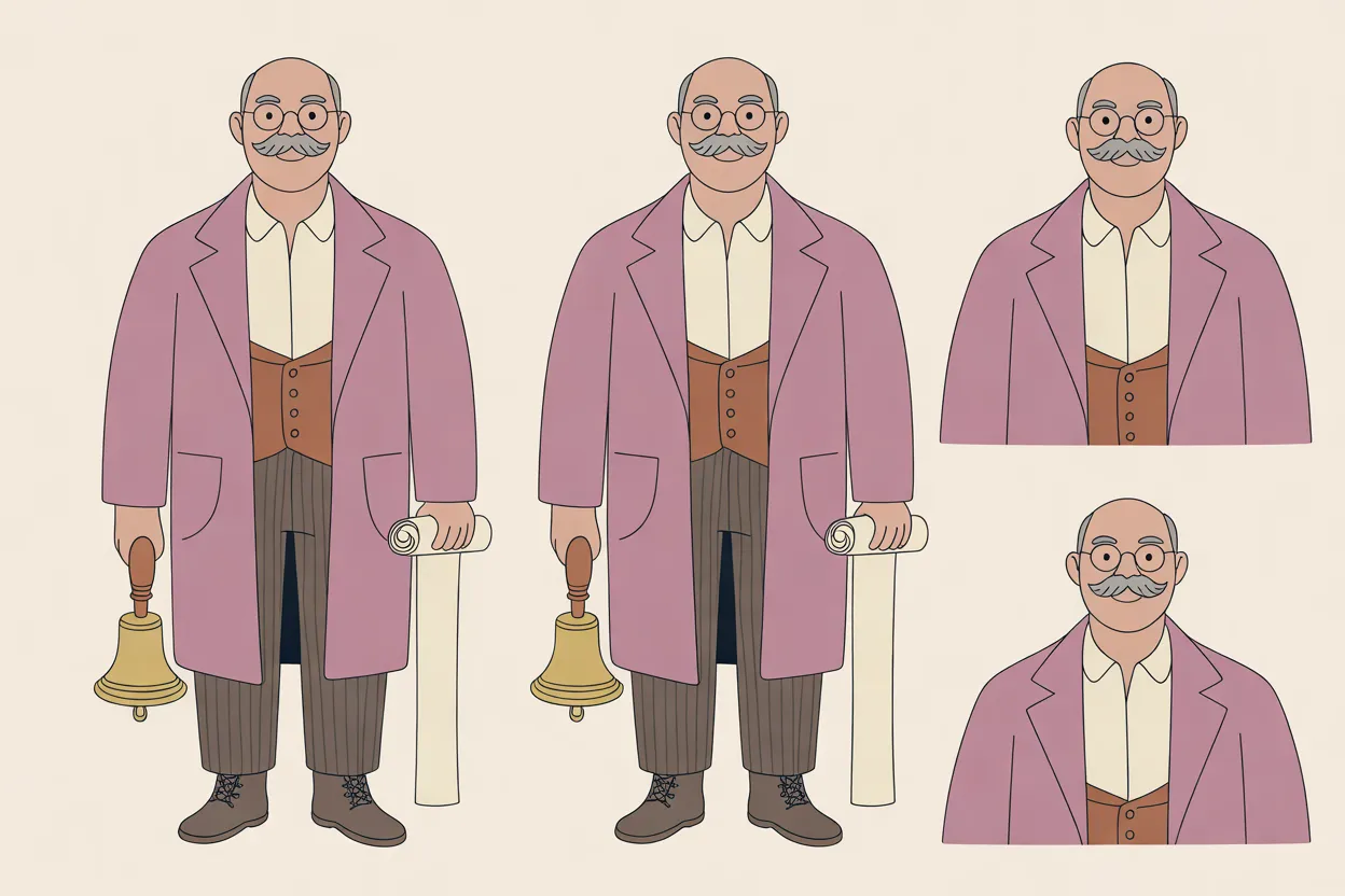 The Town Crier character sheet on a warm cream background: two identical full-body front views, each holding a brass handbell by its wooden handle at his side in one hand and a long cream scroll, rolled at the top and hanging to the floor, in the other. On the right are two head-and-shoulders close-ups with the same calm, closed-mouth smile. In every view he is bald with gray hair at the sides, round spectacles and a gray mustache, in a dusty-rose coat over a cream shirt and a rust-brown waistcoat, with brown striped trousers and brown lace-up boots in the full-body views.
