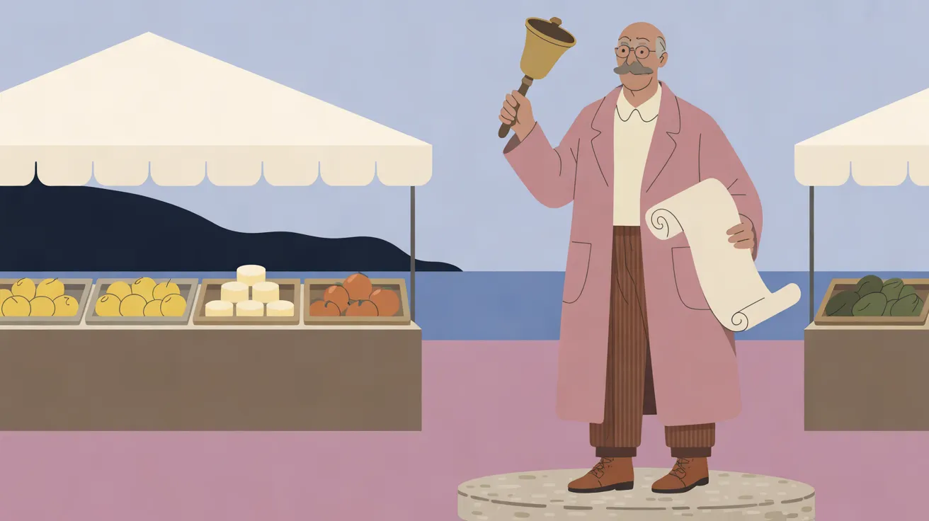 The Town Crier, an older man with a bald head, a little gray hair at the sides, round wire spectacles and a gray mustache, in a long dusty-rose coat over a cream shirt, brown striped trousers and brown lace-up boots, stands on a round speckled stone step right of center, raising a brass handbell in one hand and holding an unrolled cream scroll in the other. To the left a market stall under a cream canvas top holds trays of lemons, pale cream rounds and orange-red fruit, and the edge of a second stall with dark green fruit shows at the far right. The ground is pink paving, and behind the stalls lie a strip of blue sea and a dark headland under a pale lavender sky.