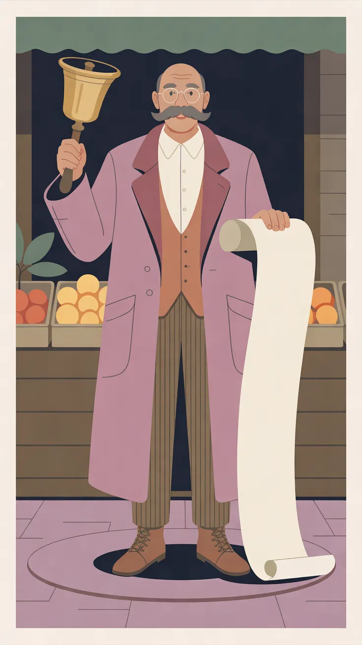 The Town Crier standing on a round step on pink paving in front of a market stall, inside a plain cream border, raising a brass handbell in one hand and holding the top of a long cream scroll that unrolls down to his boots. He is bald with gray hair at the sides, round spectacles and a big gray mustache, in a long dusty-rose coat, a cream shirt, a rust-brown waistcoat, brown striped trousers and brown lace-up boots; behind him are crates of oranges and lemons, a dark stall front and a sage-green scalloped awning.