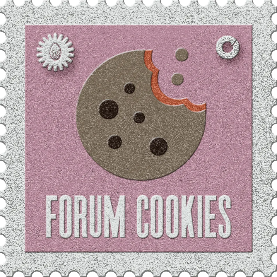 Forum Cookies stamp, No. 19 in the Official Cannabis collection: a bitten chocolate-chip cookie on dusty pink